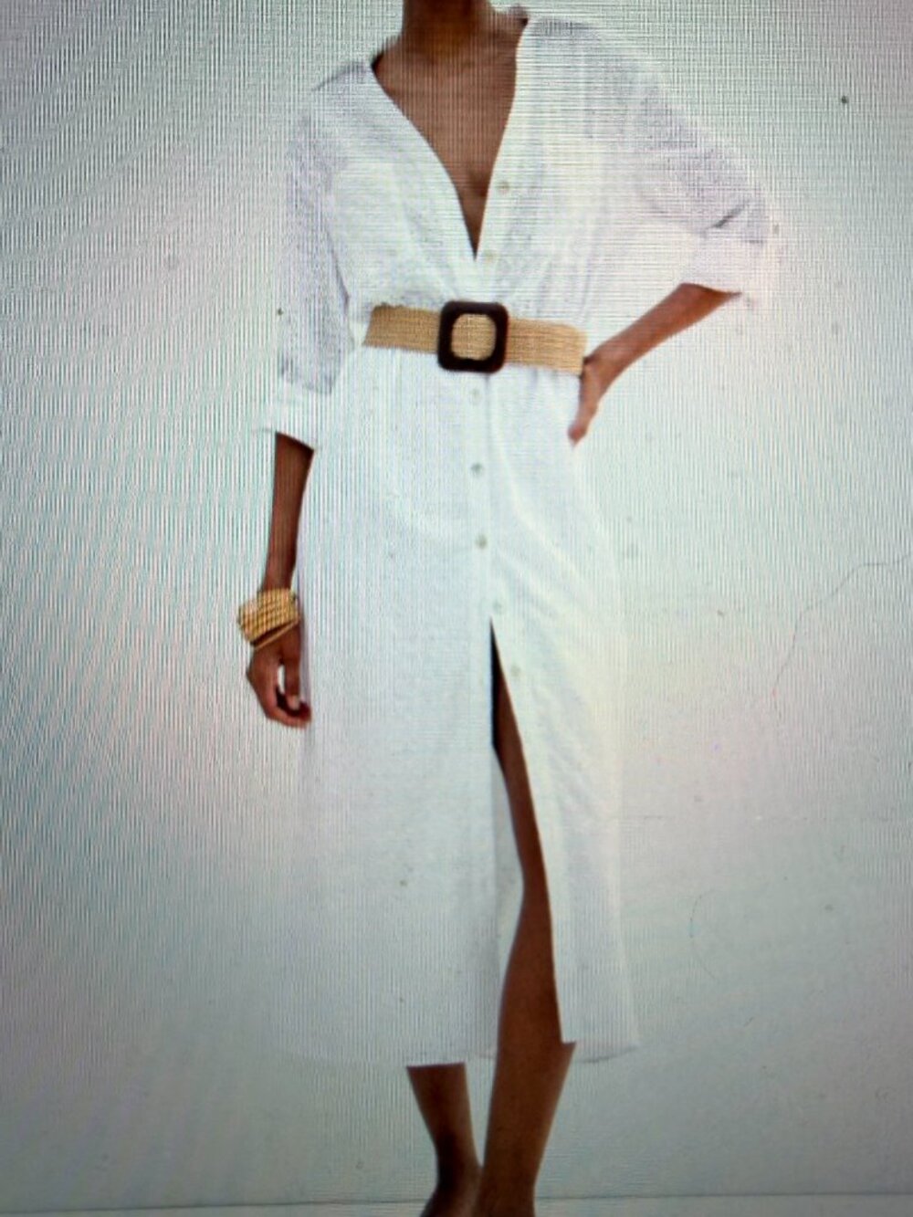 ZARA White Lined Eyelet Belted Button Up Midi Dress Roll Tab Sleeve Sz Lg - Picture 3 of 10